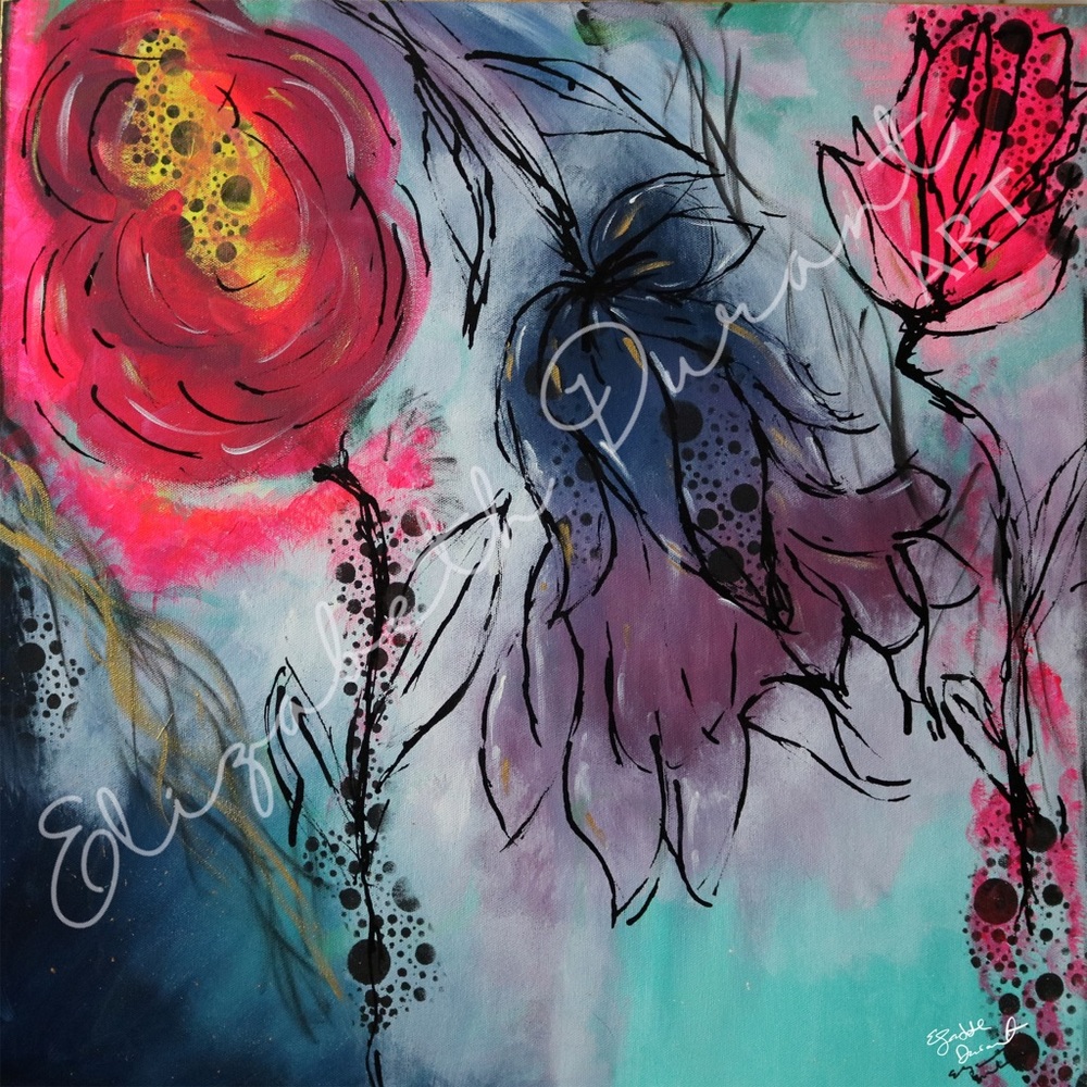 24x24 canvas painting: abstract line flowers over vibrant background.